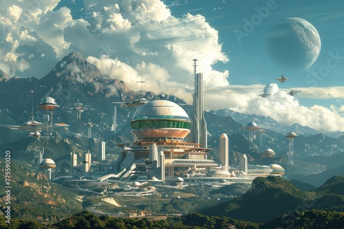 A futuristic city with a large green dome on top of it