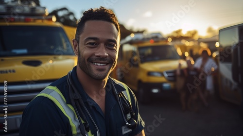 Smiling African American male paramedic in front of ambulance