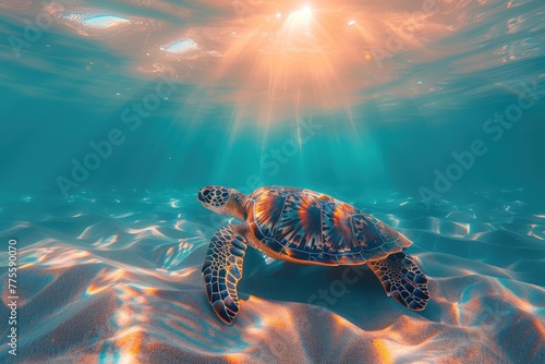 A turtle is swimming in the ocean with the sun shining on it