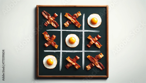 A tic-tac-toe game where the 'X' is made from strips of crispy bacon and the 'O' from sunny-side-up eggs, all arranged on a chalkboard surface - Generative AI