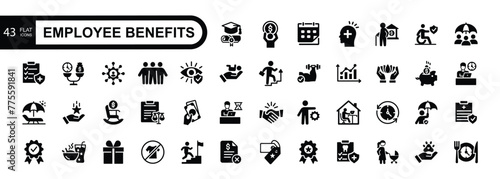 Employee benefit flat icons set. Included icons as teamwork ,insurance, paid Vacation, pension, social Security. Vector illustration