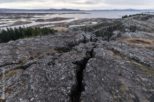 rock cracks in thingvellir national park, iceland, tectonic plates, harsh landscape, tectonic movements, panorama