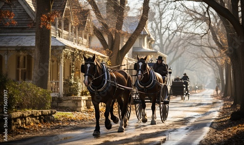 Two Horses Pulling Carriage Along Street