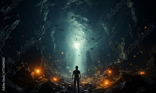 Man Standing in Center of Cave