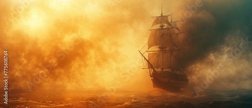 Pirate ship navigating through mystical fog