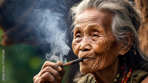 Close-up of a Senior Asian woman of the Akha tribe, wearing traditional clothes, necklaces. jewelry, smoking a pipe with smoke in the nature of Myanmar.