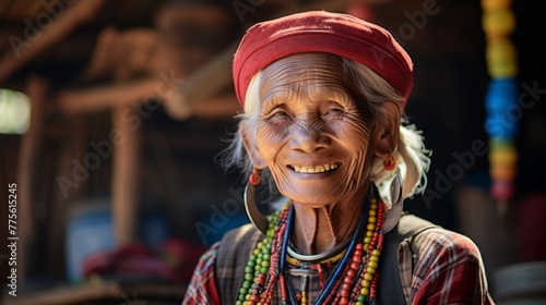 Close-up Portrait of a smiling, happy Senior woman from the Kaya tribe, near Loikau, Myanmar