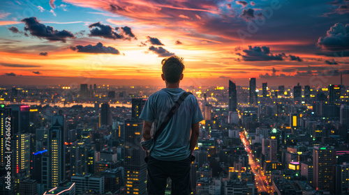 Back view of young man looking at the cityscape at sunset.