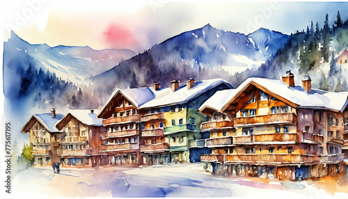 Watercolor of Winter Village with Snowy Mountains Background