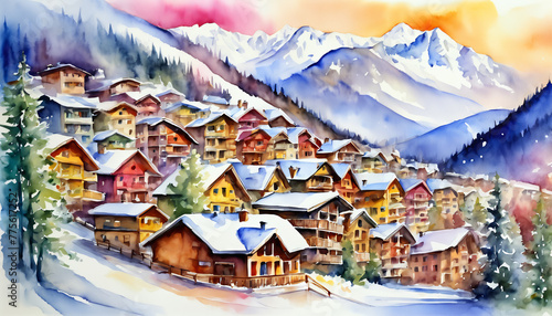 Bright Watercolor Painting of Snow-Covered Ski Resort