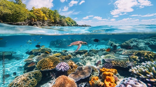 sea turtle travels over coral reefs in ocean water. the diverse underwater world attracts tourists from all over the world allowing the area to develop