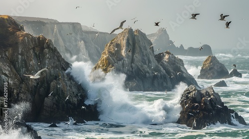 Wild coastline featuring jagged cliffs and crashing waves.
