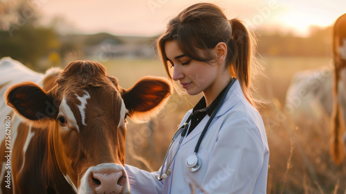 Young veterinarian woman taking care of the health of a cow in a farm wearing white vet uniform , the girl is doing the profession with love for farm animals