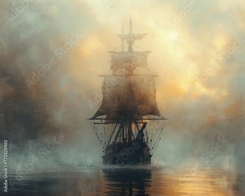 Pirate ship navigating through mystical fog