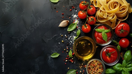 Italian food background on black background. Raw pasta.