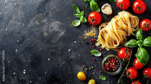 Italian food background on black background. Raw pasta.