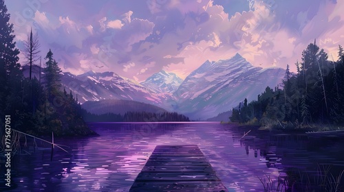 purple Lake landscape with mountains and a jetty, Purple hues over Derwent Water, Vibrant sunset with dramatic clouds and wooden jetty at Derwent water Lake in the Lake District, UK Ai generated 