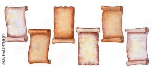 Watercolor old parchment paper scroll sheet, vintage age texture isolated on white background for stylish Book Day, scrapbook, libraries, website, sticker, border, certificate, label, invitation