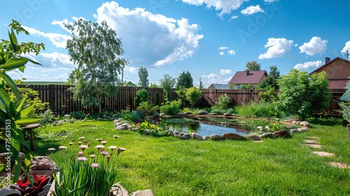 Landscaped territory of a private dacha with a pond and decorations
