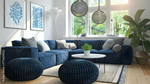 Near the dark blue corner sofa are two knitted pouffes. Modern living room interior design in a Scandinavian home.