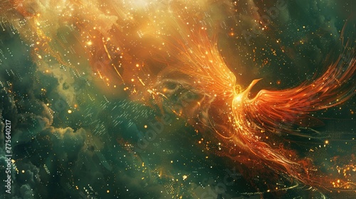 Digital art of a mythical phoenix with fiery wings in a cosmic setting.