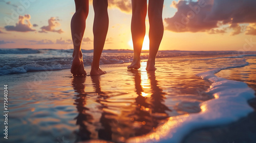Pair of beautiful woman feet walking on beach at evening, sun over the horizon with golden yellow color, waves touching feet with small bubble, close up portrait
