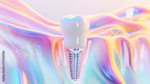 Abstract Dental Implant Pain Relief Concept. An abstract representation of a dental implant, with vibrant, flowing colors symbolizing pain relief and stability after implant surgery.