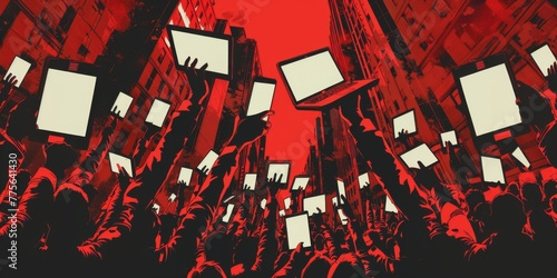 Silhouetted figures stretches to the sky with devices in hand. The red and black palette evokes the intensity of communist art while narrating the story of a new, tech-empowered movement.