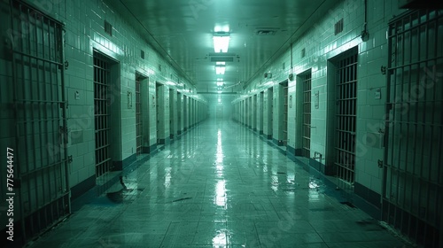 A dimly lit corridor with many cells for high-risk criminals in a maximum-security prison. The concept of law, justice and serious offenses