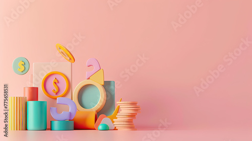 Brightly colored finance icons, 3D render, minimalist, with text space