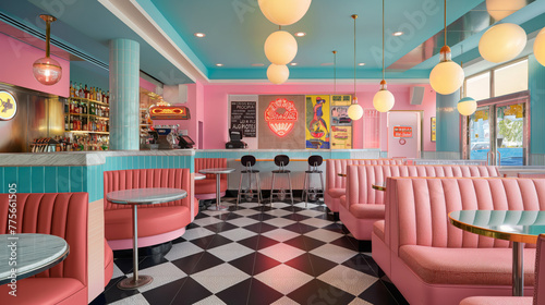 Retro american diner interior with pink booths