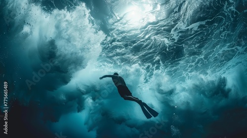 Free diver swimming underwater with flippers in the deep sea with dynamic light rays and bubbles
