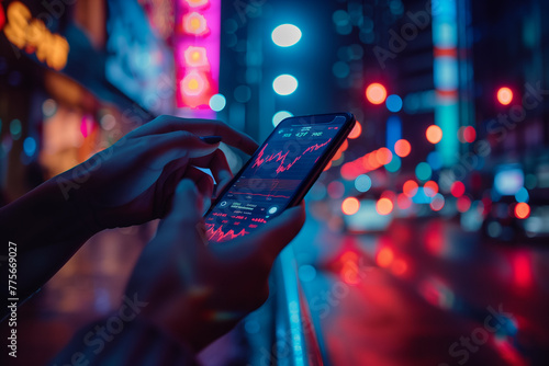 A close-up of a person's hands holding a smartphone and checking stock prices. Person holding cell phone in front of magenta automotive lighting