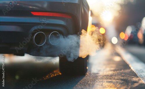 Close up of car exhaust pipe with thick smoke