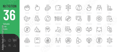 Nutrition Line Editable Icons set. Vector illustration in modern thin line style of healthy eating related icons: types of healthy and unhealthy foods, vitamins and minerals, and more. 
