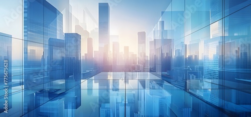 A modern cityscape with glass buildings reflecting the sky, symbolizing technology and innovation in business. The background is a gradient of blue tones representing corporate business style. For Bac