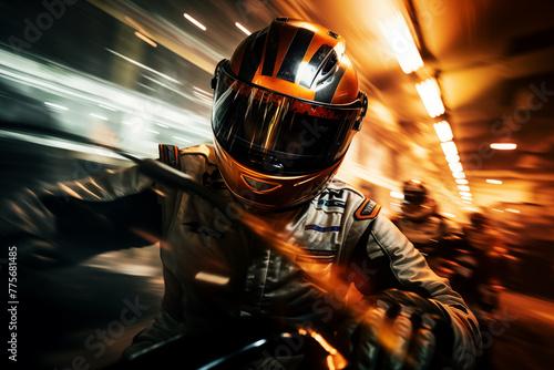 Racer in helmet. A motorcycle racer speeding through a track. Generative AI