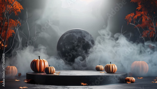 3d podium product presentation with halloween pumpkin background and smoke in scene, spooky halloween backdrop