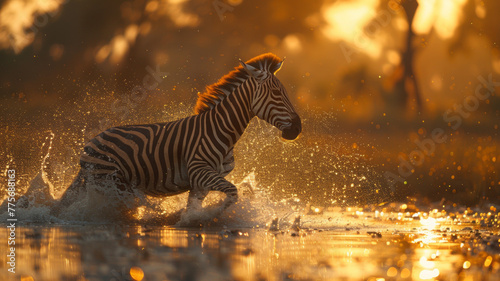 A zebra run across ponds,golden hour,generative ai