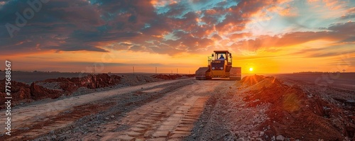 Grader leveling rural road during beautiful sunset with orange and purple sky