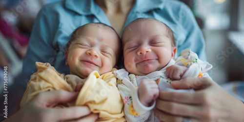 Two newborn twins being held by their mother in maternity ward after delivery. New mom welcoming her children into the world. Newborn babies after c-section surgery in delivery room.