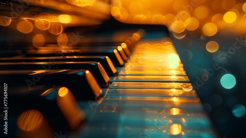Golden light reflecting on piano keys in a warm setting