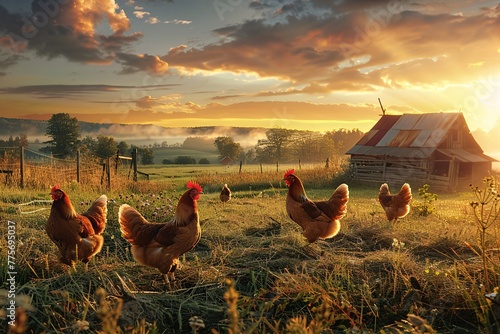 A harmonious blend of nature and agriculture, this image celebrates the life of free-range egg-laying chickens in both pastoral fields and a structured commercial coop