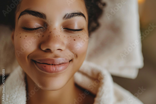 A close-up portrait of an attractive woman receiving a facial massage at a spa salon, smiling and relaxing with closed eyes, wearing a white robe. The focus is on her face showing tranquility and rela