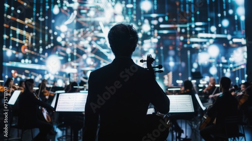 Man Performing Violin in Front of Large Screen