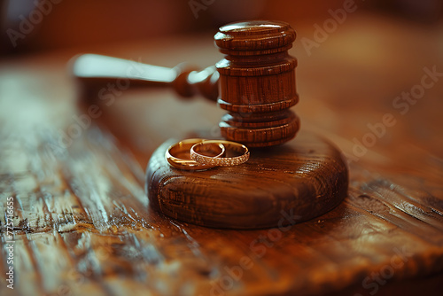 Two gold wedding rings in front of a judge's gavel on a wooden surface. Legal and matrimonial concept for divorce law and marriage dissolution proceedings