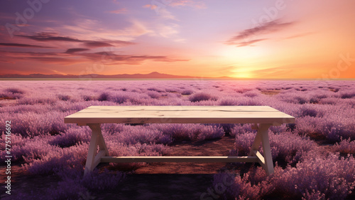 rustic wooden table copy space banner overlooking a breathtaking lavender field under a stunning sunset sky, inviting a moment of reflection and tranquility.