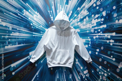 white hoodie on energetic background