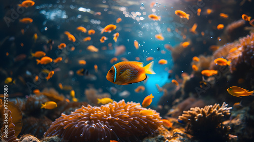Orange clownfish swimming among anemones in ocean. Marine ecosystem photography with natural light. Underwater wildlife and sea animal concept for design and print. Aquatic life portrait