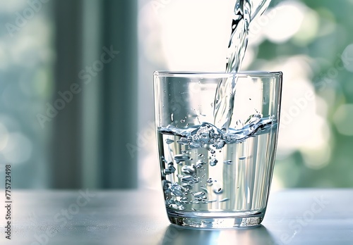 A glass of water is being poured against a backdrop of clean, white and blue tones.